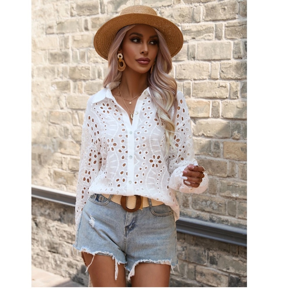White Boho Eyelet Button Down Shirt Bishop Long Sleeves - Picture 7 of 9